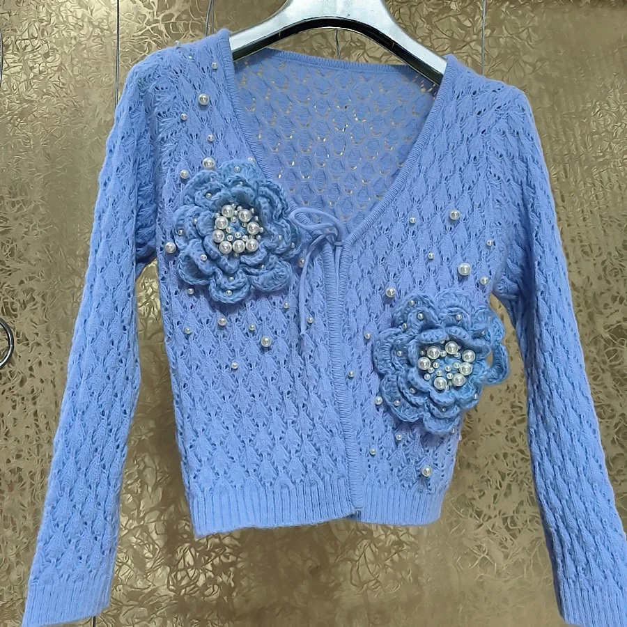 Women Spring Exquisite Hollow Large 3D Flowers Handmade Pearls Beaded Knitted Cardigan Hooked Floral Sunscreen Sweater Coat Tops