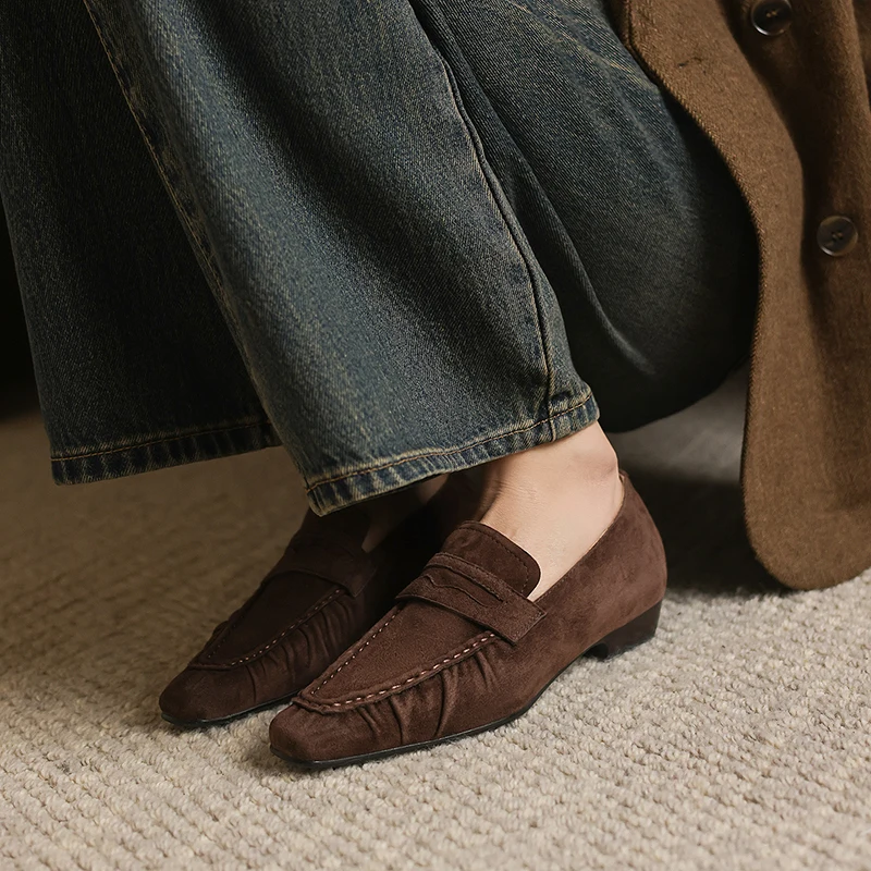 Spring Genuine Leather Women Pumps Fashion Pleated Square Toe Shoes for Women Thick Heel Women Loafers Zapatos Mujer Low Heel