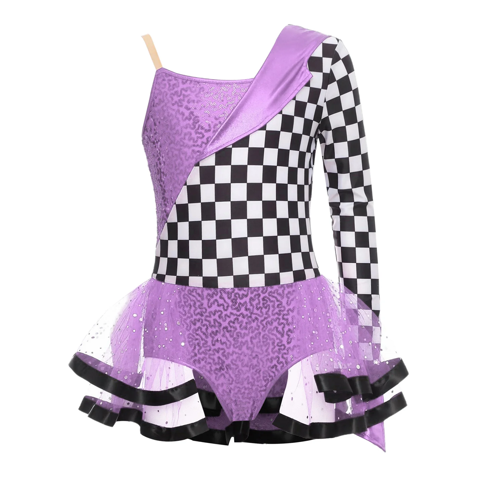 Children Girls One Shoulder Checkerboard Sequins Racer Racing Car Driver Leotard Dance Tutu Dress Halloween Carnival costume