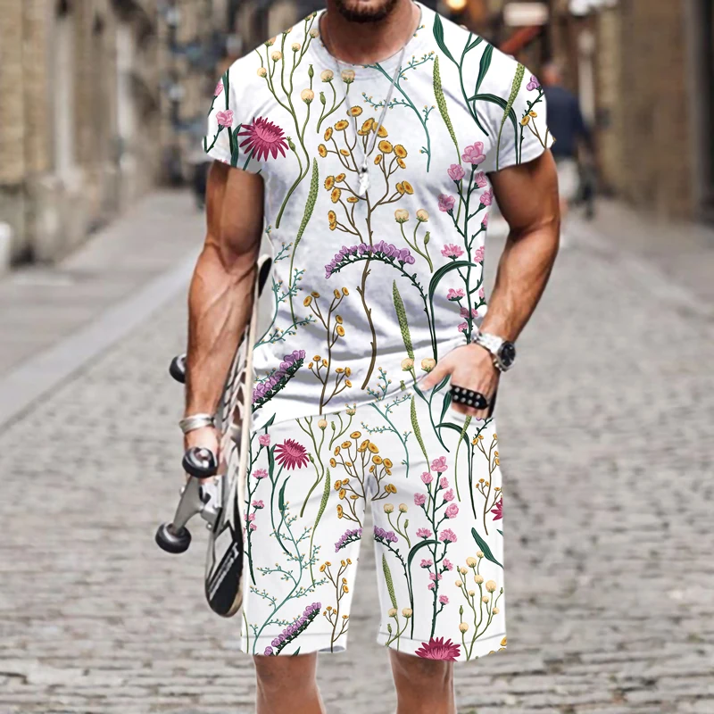 Men's T-shirt Shorts Set Men/Women Plant Flowers Pattern Swimming Fashion Oversized Man Loose Mens Clothing Cool Quick Dry Beach