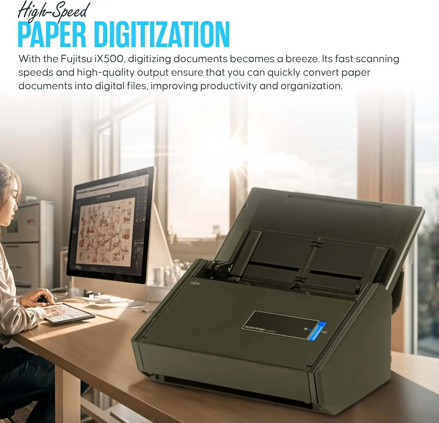 Fujitsu IX500,IX1600 ماسح ضوئي للصور والوثائق لاسلكي أو USB عالي السرعة مزود بشاشة لمس كبيرة، وحدة تغذية المستندات التلقائية