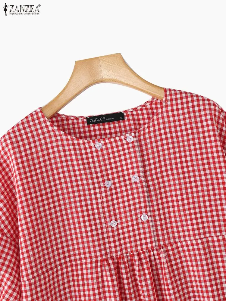 ZANZEA Lässige Gingham-Blusen für Damen, Sommer 2022, O-Ausschnitt, kurze Laternenärmel, karierte Babydoll-Oberteile, Alltagskleidung, Damenbekleidung, 3XL