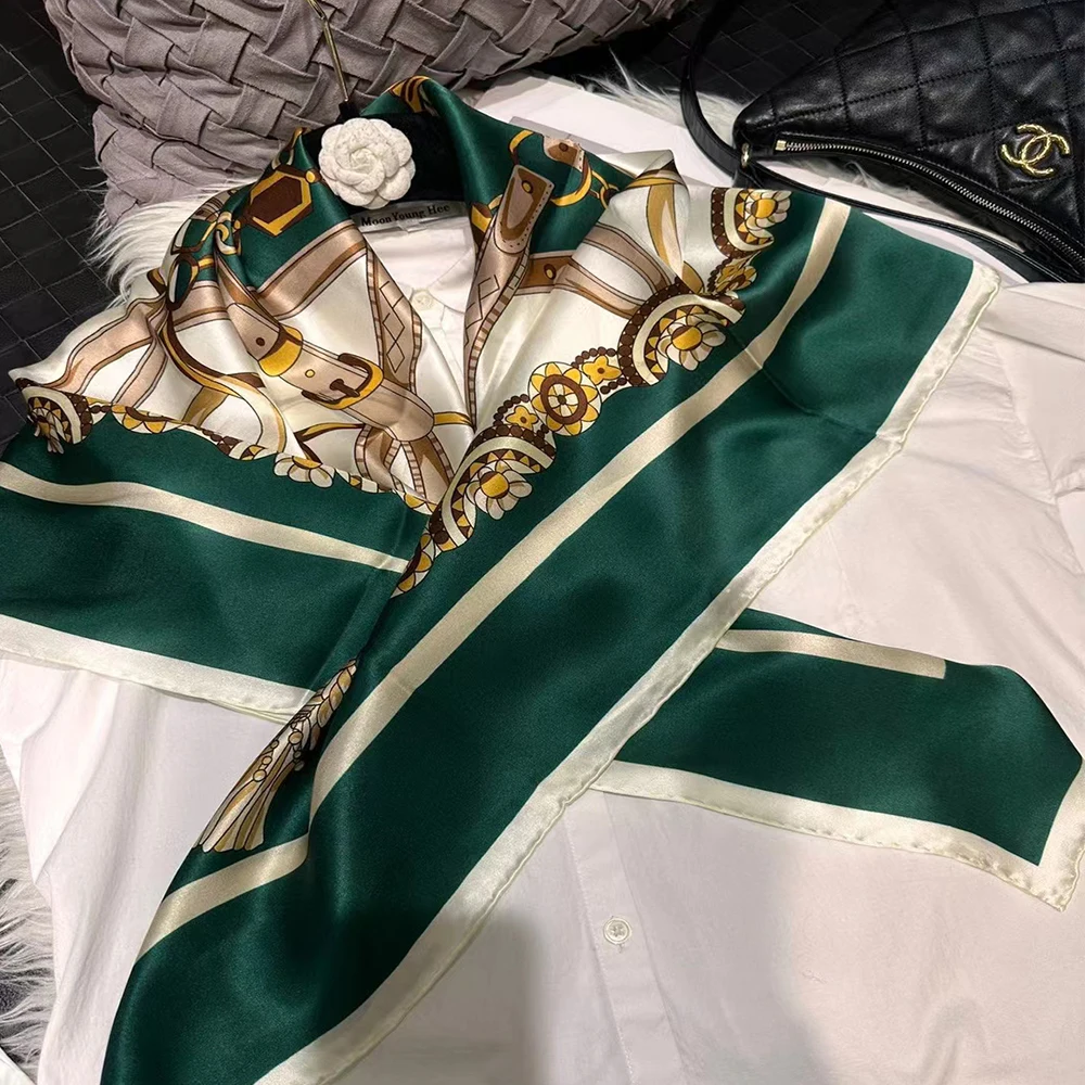 BYSIFA|Green White Ladies 100% Silk Scarf Fall Winter Brand Chain Design Large Scarves Shawls Fashion Summer Beach Cape 110*110