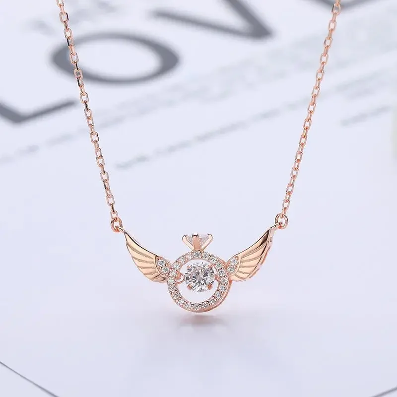 New Design Sense Light Luxury Crown Statement Angel Wings Pendant Necklace Fashion Stainless Steel Female Clavicle Chain Jewelry