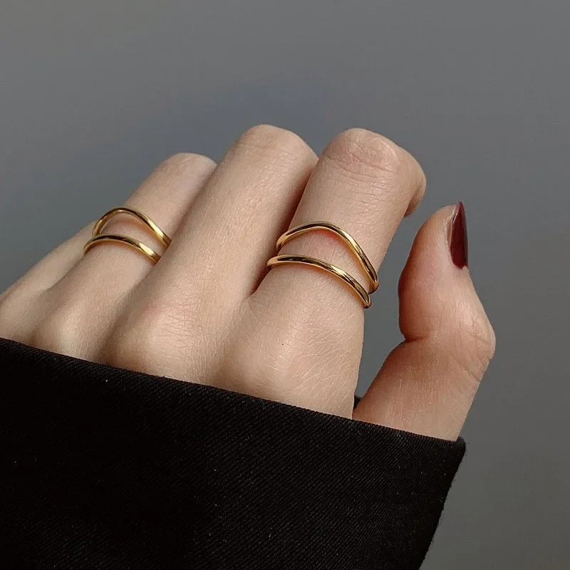 

925 Sterling Silver Gold Color Fashion Double Curved Lines Adjustable Ring for Women Girls Trendy Simple Party Jewelry Gifts