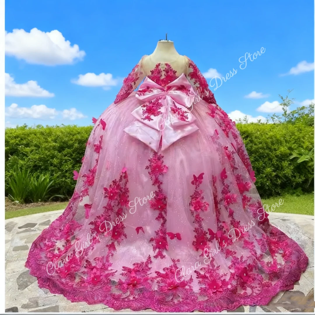 

Розовое платье с цветочным узором для девочек на заказ, свадебное пышное тюлевое платье принцессы с 3D аппликацией для девочек на день рождения или первое причастие