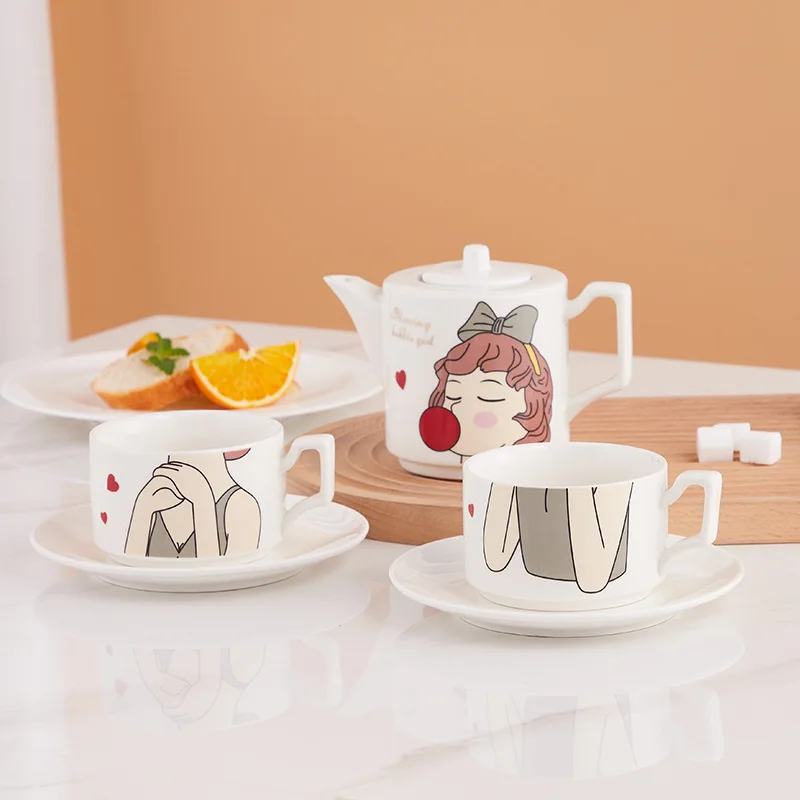 

Morden Ceramic Tea Pot with 2 Tea Cups Set, Hand-painted Porcelain Teapot Set for Coffee Latte Milk Tea Flower and Fruit Tea