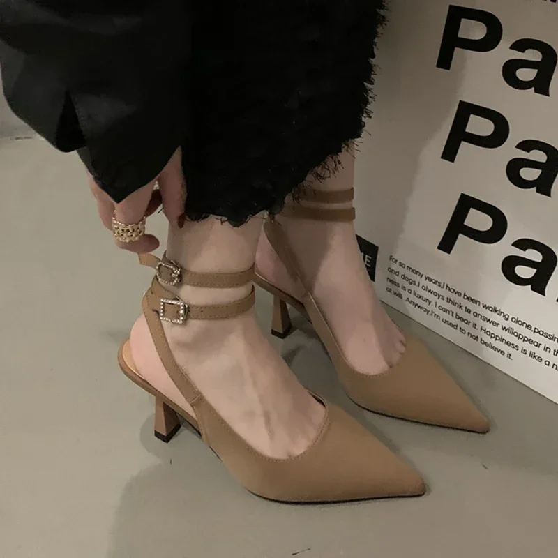 Slingbacks High Heels Pumps Women 2024 New Pointed Toe Thin Heeled Party Shoes Woman Solid Color Ankle Buckle Summer Sandals