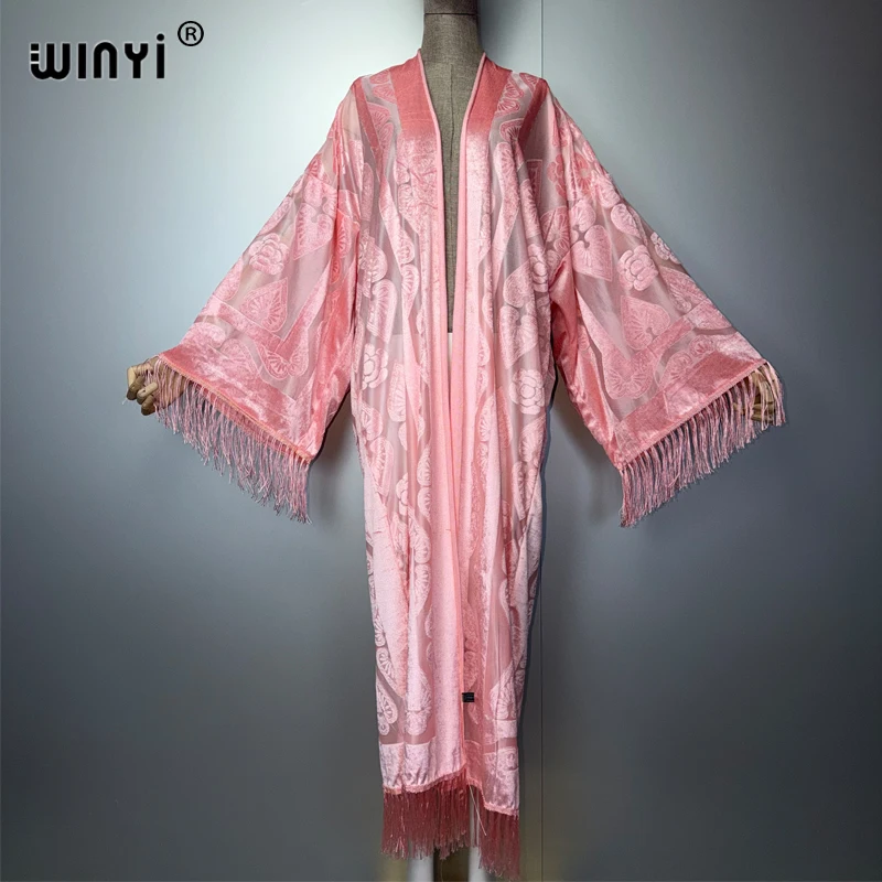 

WINYI Middle East Kaftan Kimono Maxi Robe Streetwear Open Abaya Perspective Elegant Beach Cover up Muslim Fashion Coat