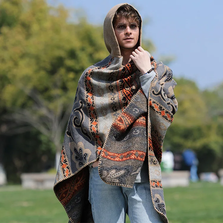 Men's Autumn Winter Warm Thick Bohemian Fringe Shawl Photo Cape Cloak Dual-use Scarf Travel Hooded Poncho