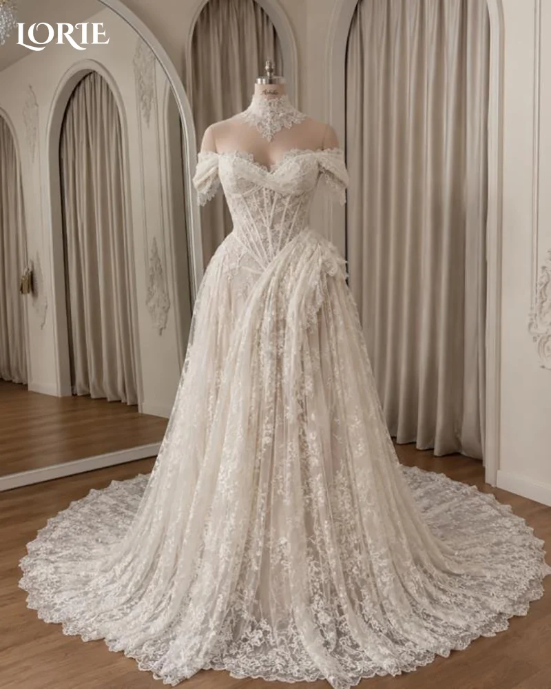 LORIE Off Shoulder Boho Wedding Dress 3D Flowers Lace A-Line Sweetheart Princess Bride Gown Customized Plus Size Bride Dress 202
