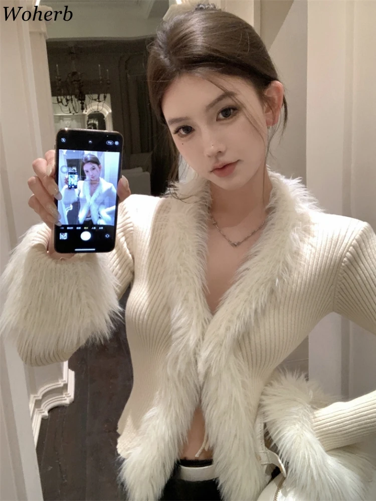 

Cropped Cardigan Coat Women's Clothing Pull Femme Flare Sleeve Tunic Bandage Sueter Mujer Patchwork Furry Knitted Sweater Tops