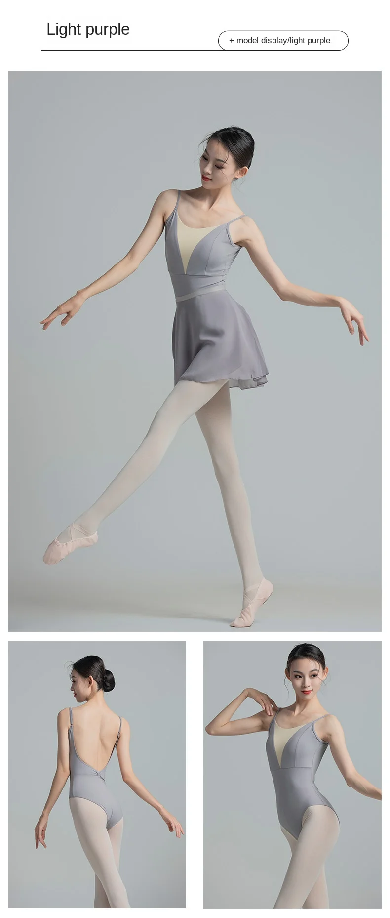 Elegantes, stilvolles Ballett-Gymnastik-Trikot mit hohem Rückenausschnitt, U-förmigem Rücken, Netzstoff-Fischschwanz-Einsatz und Kragen für Schwanentanz-Training – Detail 29