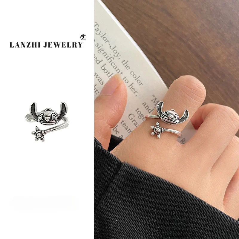 Disney Anime Stitch Ring 925 Silver Anime Lilo & Stitch Adjustable Rings Kawaii Cartoon Girl Toys Woman Jewelry Birthday Gift