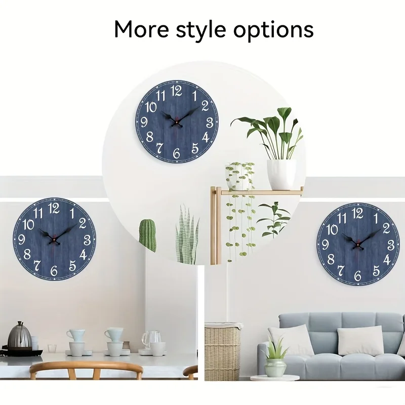 Retro Wood Grain/Dark Blue Wood Grain Vintage Clock/Battery Powered Silent No Ticking/Country Wood Clock/Farmhouse Timepiece for Bathroom, Living Room, Kitchen, Bedroom