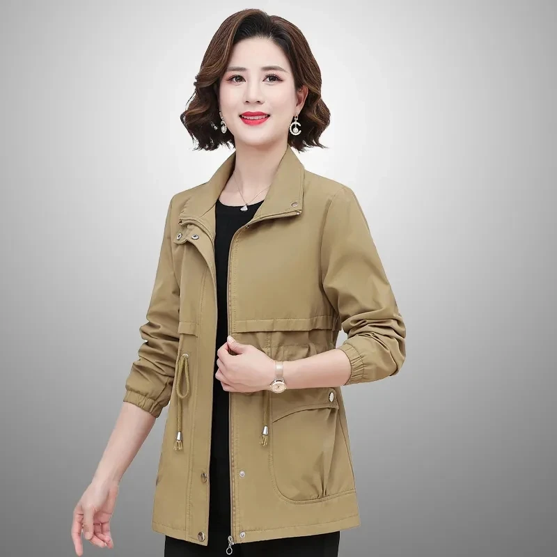 

6XL Mother's Spring Autumn Coat 2023 New Mid-Aged Elderly Windbreaker Ladies Short Oversize Jacket Thin Lace Up Pleated Jackets