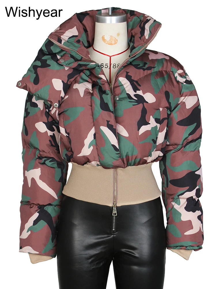 Vintage Women Camouflage Zipper Puffer Jacket Long Sleeve Stand Collar Winter Camo Bubble Cotton Coats Boyfriend Crop Parkas New