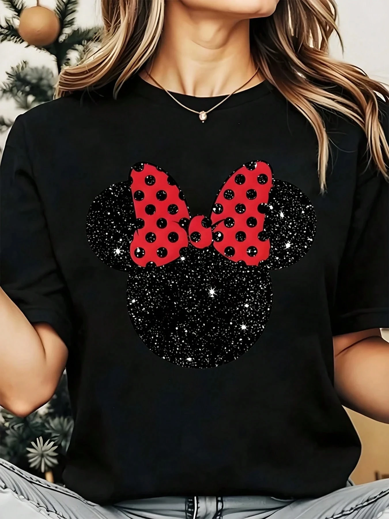 Loose Sporty Tshirt Minnie Mouse Red Polka Dot Bow Black Dotted Ears Cartoon Print Casual Women Clothes Harajuku Tops