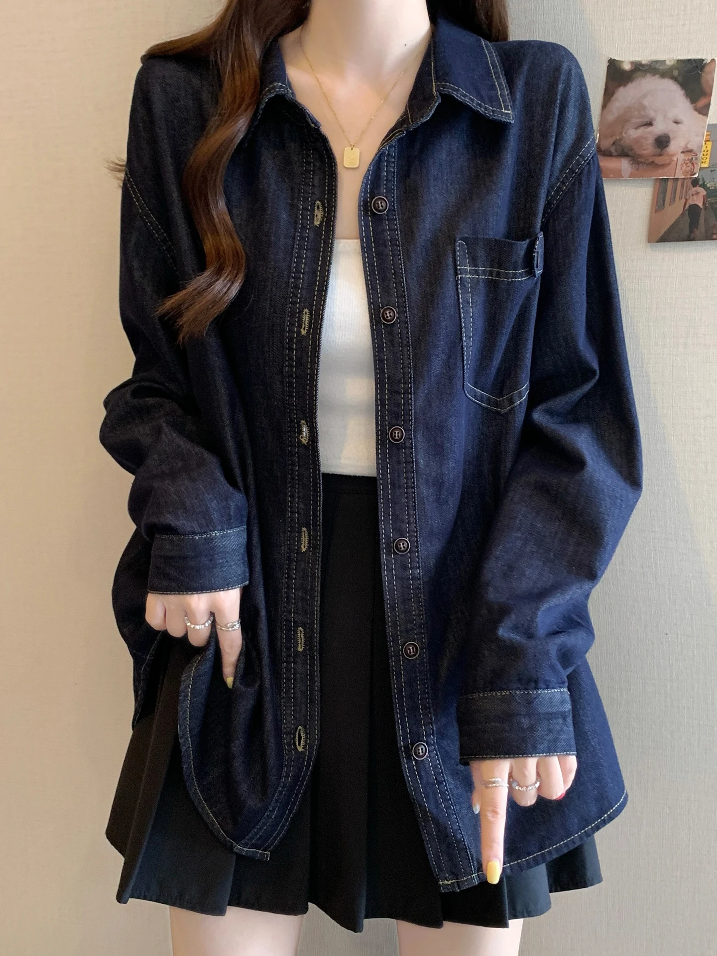 

Свободная длинная синяя джинсовая куртка-рубашка для женщин больших размеров, весна-осень, повседневная, с пуговицами, воротником, из неэластичной ткани