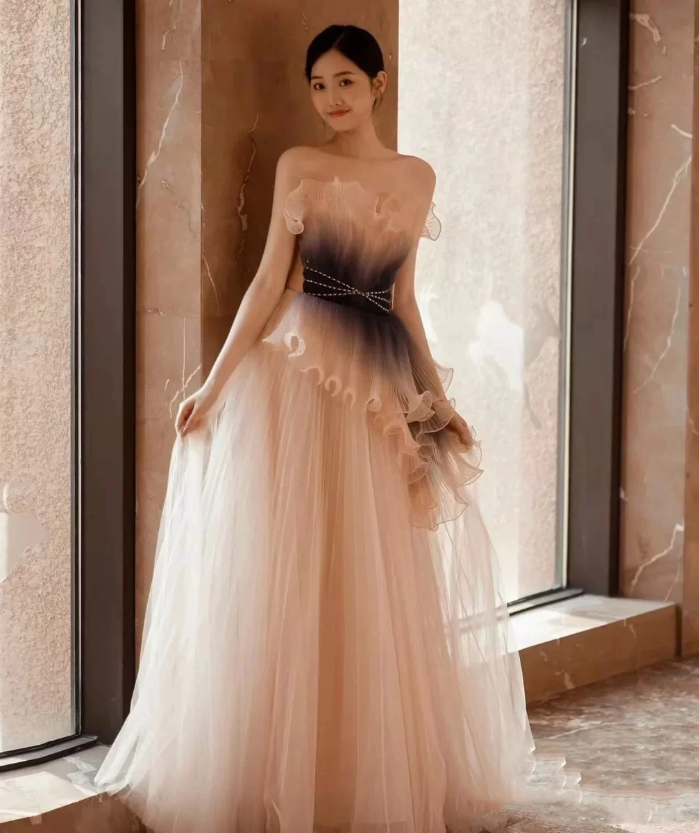 Luxury Strapless Beading Celebrity Dresses Sleeveless Purple Pink A Line Ruffle Spray Sequined Lady Wedding Party Prom Gowns