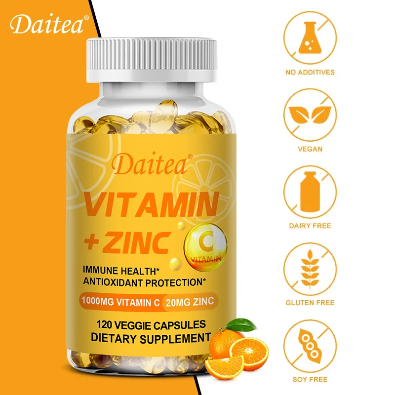 Daitea Vitamin C 1000mg + Zinc 20mg Capsule Supplement - Skin Health Cellular Energy Production Antioxidants