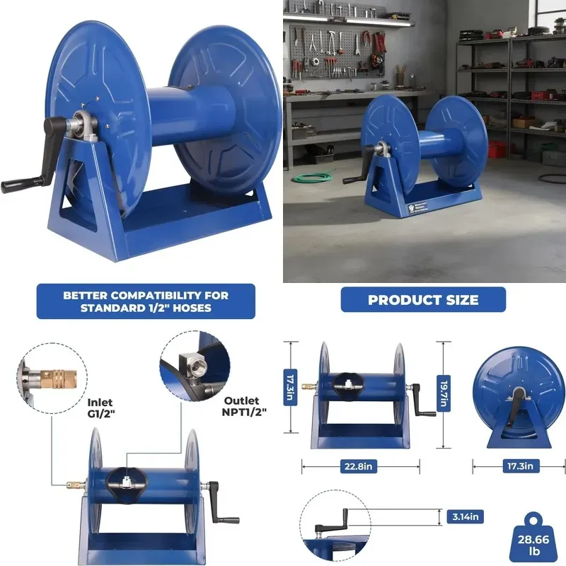 Hand Cranked Hose Reel 1/2 Inch 225 Feet Industrial Air Hose for High Pressure Cleaner