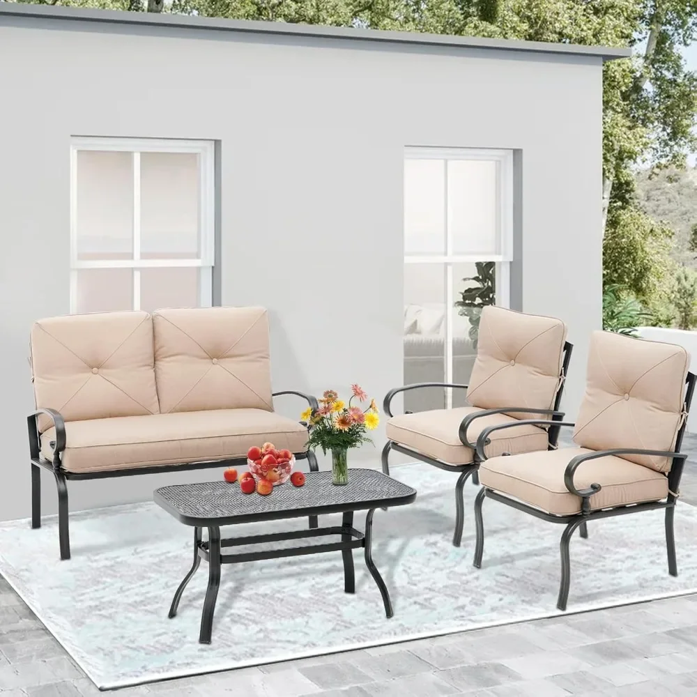 

4-Piece Outdoor Metal Furniture Sets Patio Conversation Set,2 Single Chairs, Coffee Table with Cushion Garden set