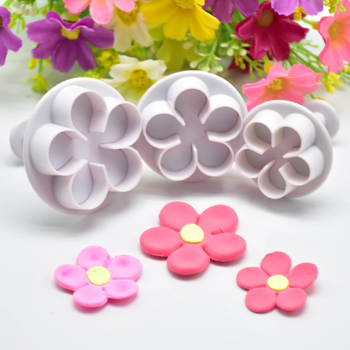 DIY Blossom Cake 3-Pack Flower Plunger Cookie Cutter Fondant Moulds Plastic Cake Decorating Tools Baking Accessories