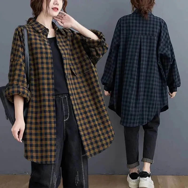 Cotton Plaid Shirt Women 2024 Spring Autumn New Coat Large Size Korean Jacket Long Sleeve Loose Outwear Long Overcoat Female Top