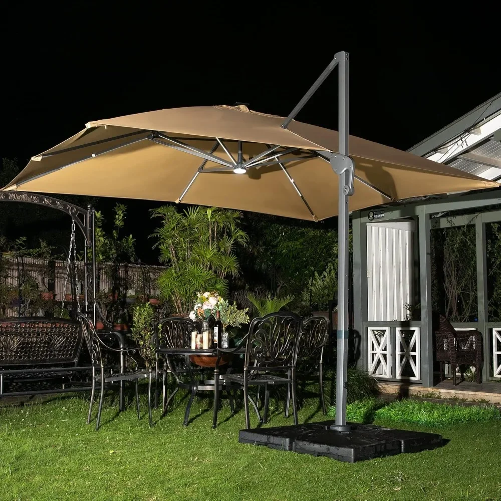 10x13ft Solar Powered LED Cantilever Patio Umbrella Square Deluxe Offset Umbrella 360°Rotation & Integrated Tilting System