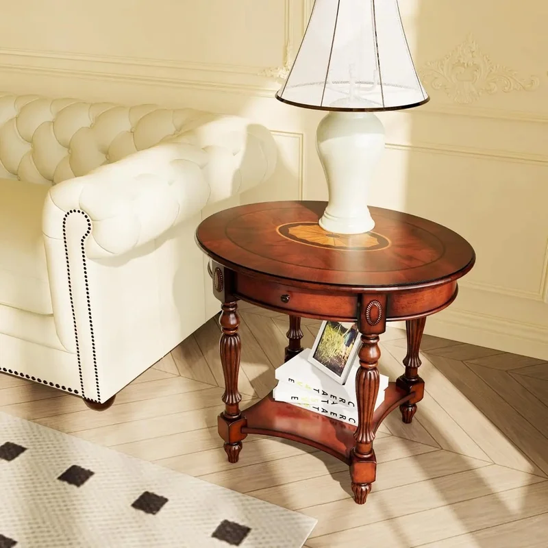 Oval Solid Wood End Table with Drawer and Storage Shelf, 24”H Cherry Walnut Sofa Side Table for Living Room or Nightstand