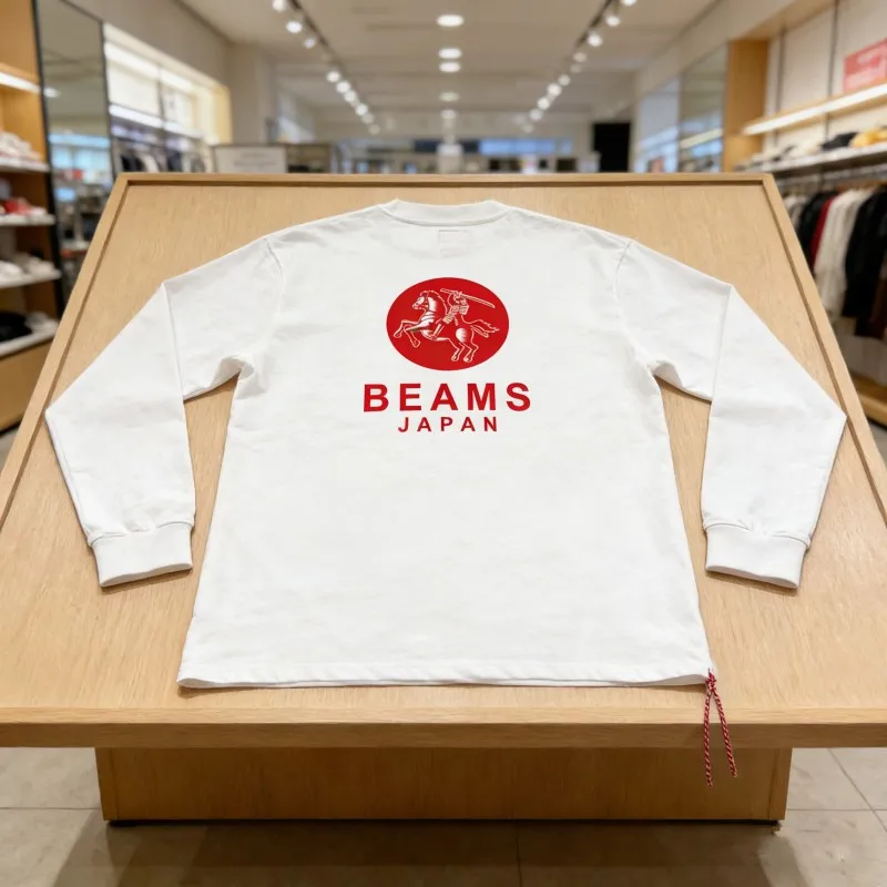 Men Beams Tshirts Knight Warhorse Pattern Red Logo Woven Rope Long Sleeved Tops White Breathable Cotton Women Street Tops Outfit