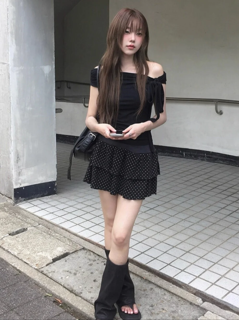 Estate Unico SEI Coreano Sle Tie oulder One-oulder ort-Sve T-shirt Top Slim Gonna a pois Donna Abbigliamento casual