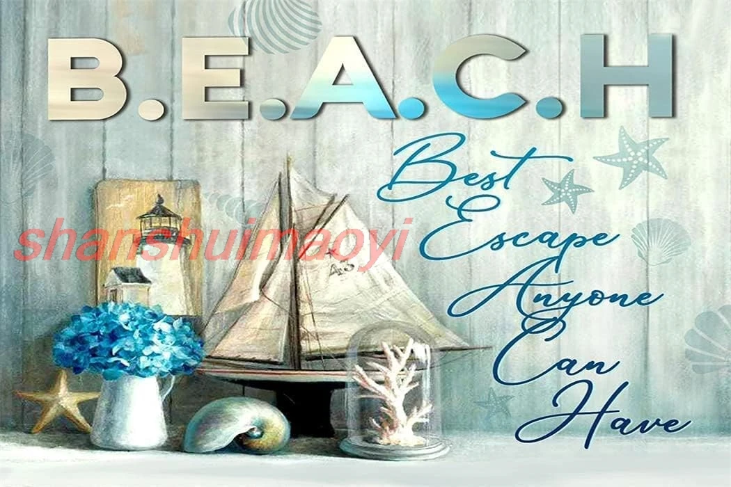 shan Aluminum Sign Metal Poster Plaque Beach Best Escape Anyone Can Have Ocean Metal Sign Iron Painting Retro Wall Decor  1pc