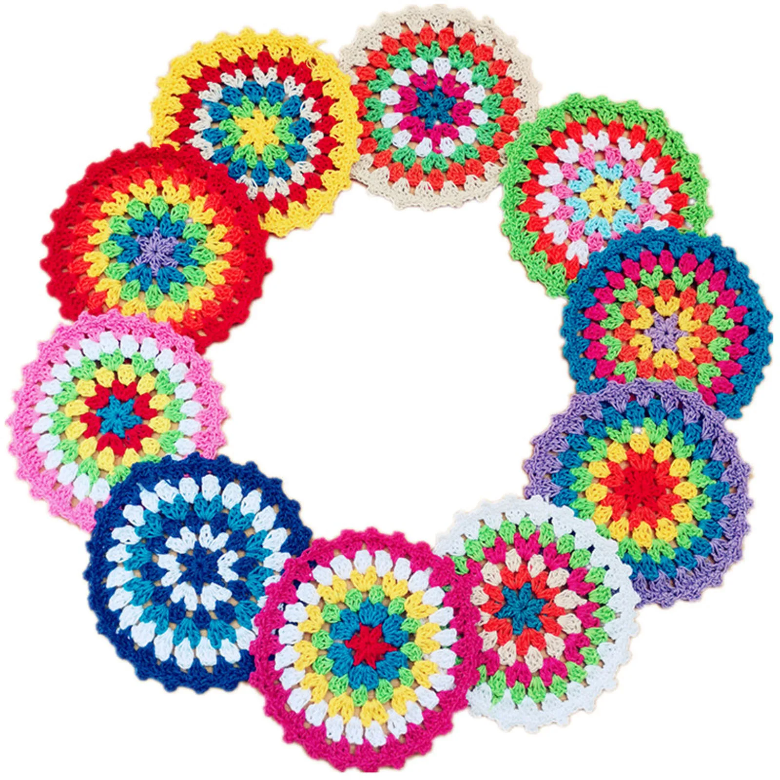 BomHCS 10 pezzi centrini lavorati a maglia fatti a mano tappetini multicolori tazza ciotola piatti sedile inferiore tovagliette rotonde, colore casuale, 3.9 pollici