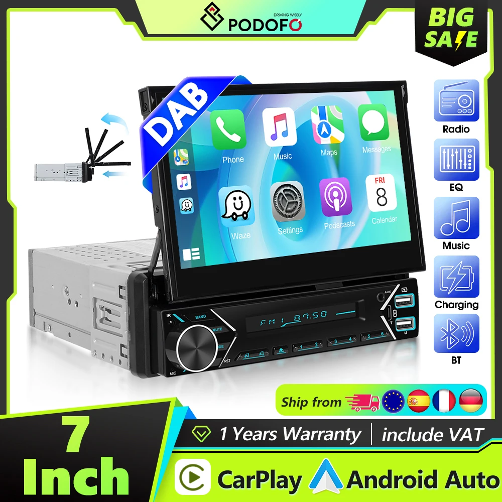 Podofo 1DIN Elektrisch Einziehbares Autoradio Kabelloses CarPlay Android Auto Mirror Link Auto-Multimediaplayer DAB FM USB Typ-C