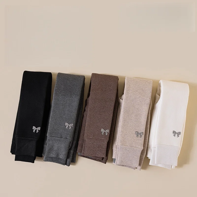 2025 New Girls Clothes Winter Fleece Lined Thick  Leggings with Bowknot Embroidery 3-15Y Kids Warm Tights Children Cute Bottoms