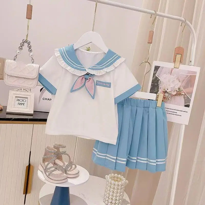 

Junior Girl School Uniform Set FormalT-shirt and Pleated Skirt 2 Pcs School Kids Child Suit