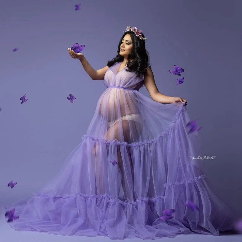 

Sexy Lavender Tulle Maternity Dresses See Thru Ruffles Tiered Photo-shoot Pregnancy Dress Cheap Floor Length Pregnancy Gowns