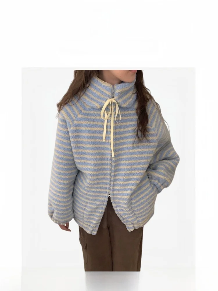 

Detachable Lamb Fur Collar Jaet Sweet Striped Floral Top Thiened Long Sve Pure Color Spring Women's Cotton Jaet