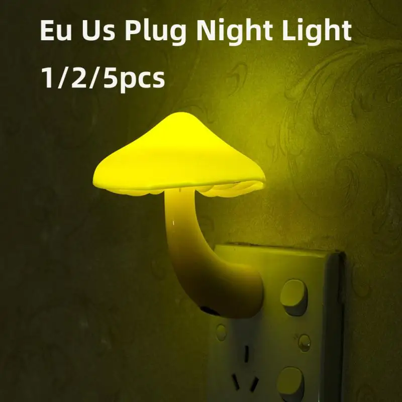 1/2/5pcs Bedroom Led Night Light Mushroom Wall Socket Lamp Eu Us Plug Warm White Light-control Sensor Bedroom Light Decoration