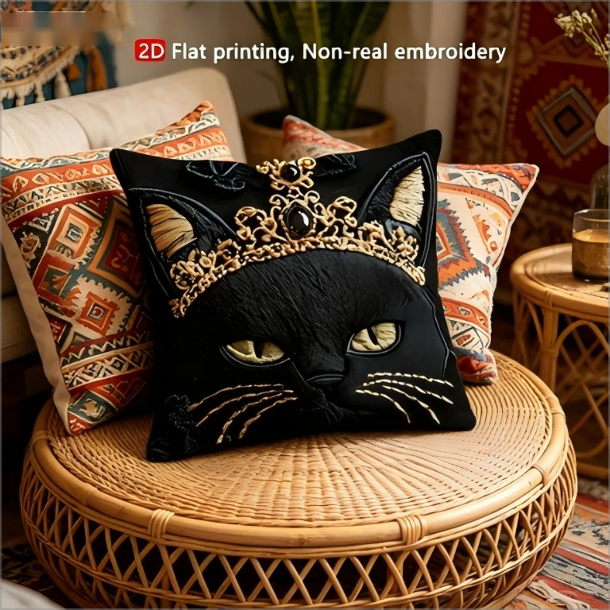 Regal Black Cat Crown Pillow Cover, Gothic 2D Effect Cat Face Cushion, Elegant Royal Kitty Throw Pillow for  Home Decor