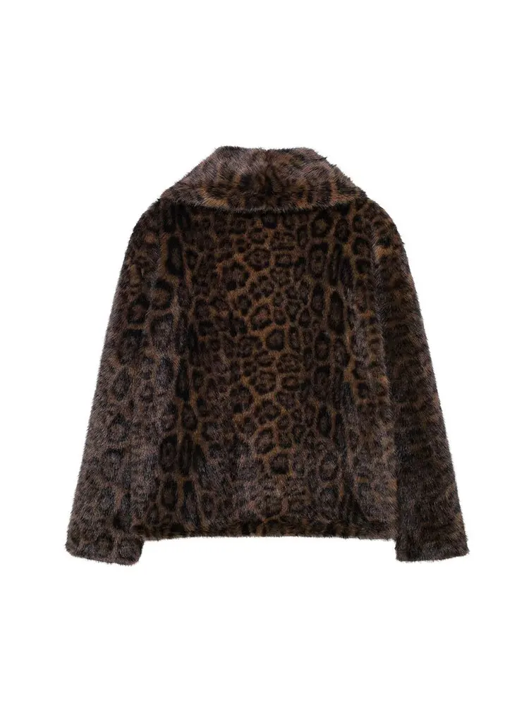 TRAF 2024 Winter Leopard Print Jacket Women Faux Fur Coat Loose Plush Fluffy New Outerwear Long Sleeve Thick Warm Coats