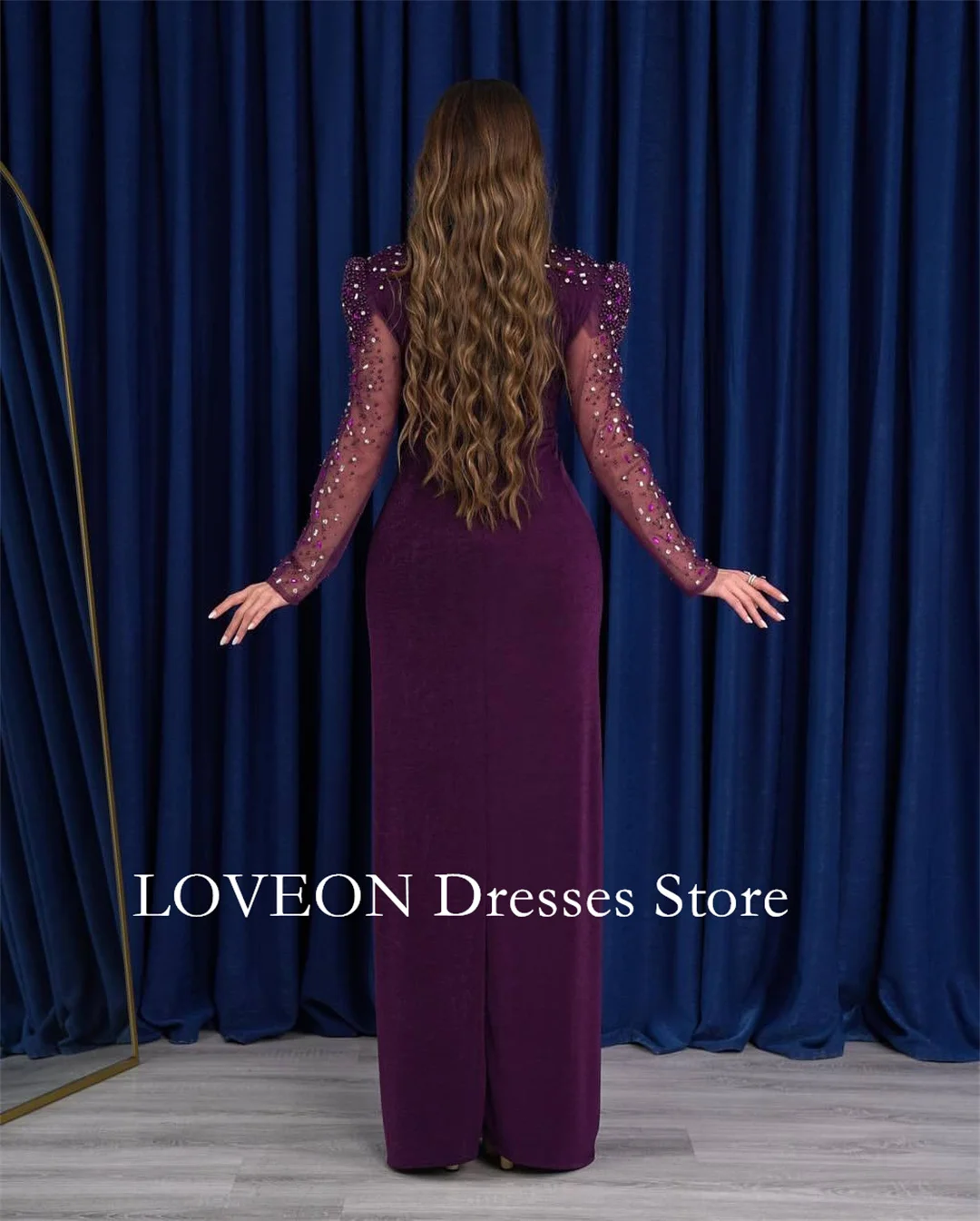 Deep V-Neck Purple Beading Formal Evening Dresses Long Sleeves  فساتين سهرة  Customized Elegant Prom Growns Party Women