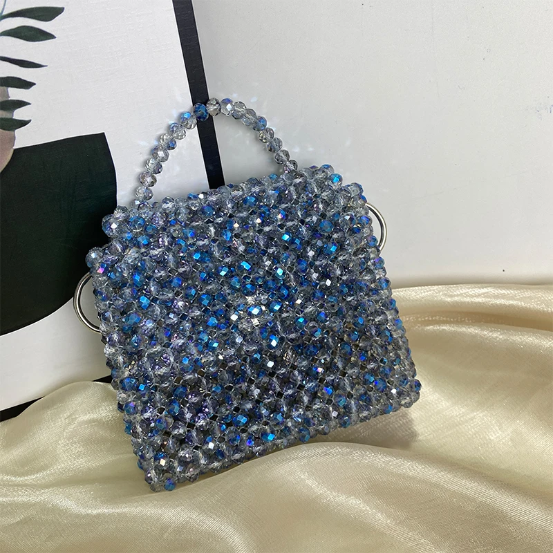 Blue Crystal Bead Shiny Wholesale Glass Bead Top-Handle Bags Customized Wholesale Box Totes Handbag Party Small Bucket Purse