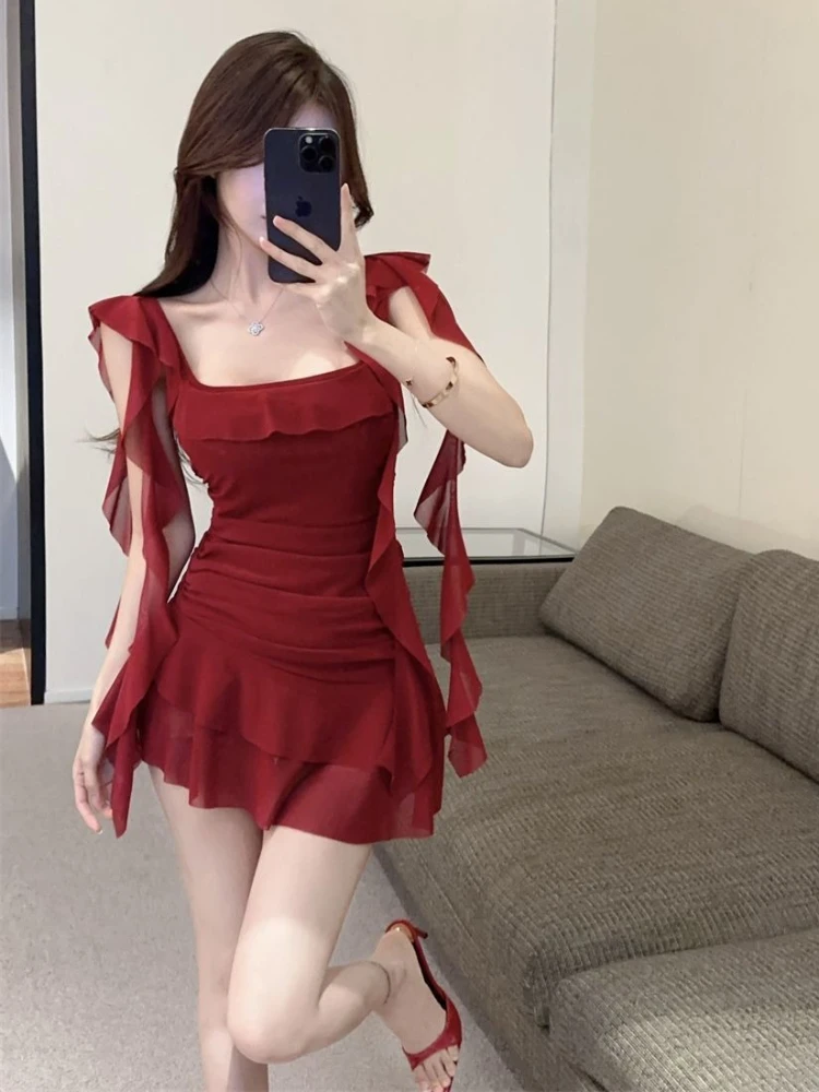 

Платье женское трапециевидной формы в сексуальном стиле, корейская мода, однотонное летнее шикарное мини-платье с квадратным воротником, милая вечерние праздничная туника для девочек
