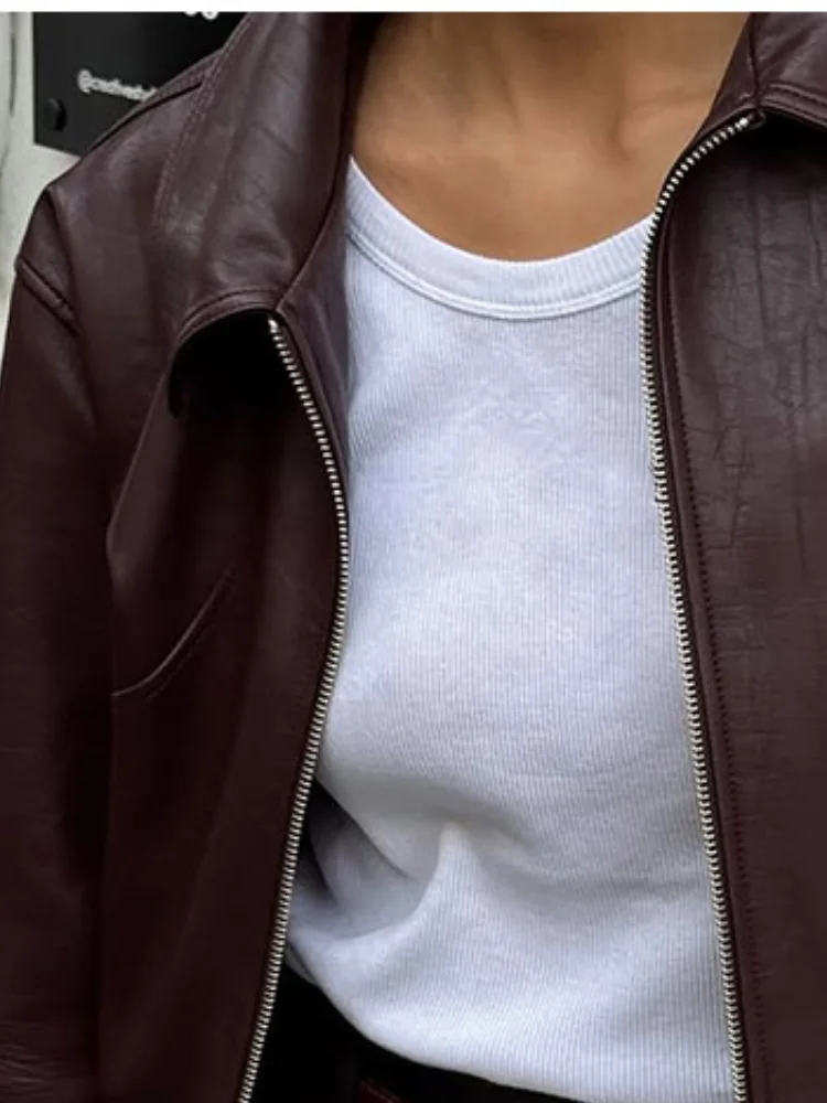 

Модная однотонная кожаная куртка винно-красного цвета, женская шикарная куртка с длинным рукавом и воротником с лацканами на молнии и эластичной резинкой на талии, осень 202, офисная повседневная одежда