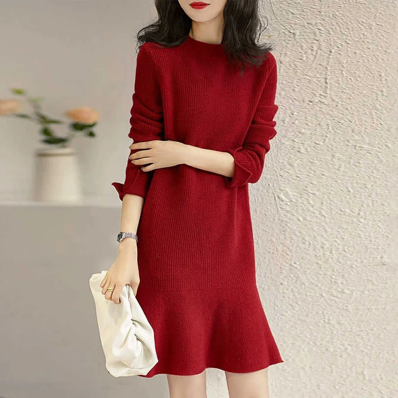 Red Knitted One-piece Dresses for Women Autumn Winter 2024 Loose Women\'s Sweater Knit Dress Korean Fashion Midi Chic and Elegant