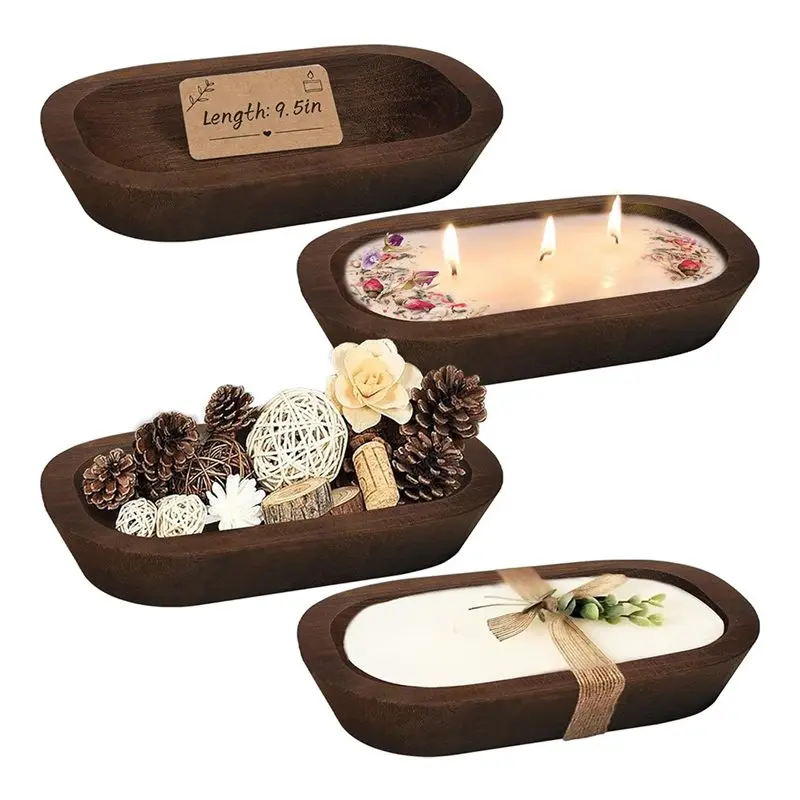 AAAN-Dough Bowl For Candle 9.5 X 5.5 Inch, Wooden Bowl Decor 4-Pack, Rustic Vintage Style In Paulownia Wood
