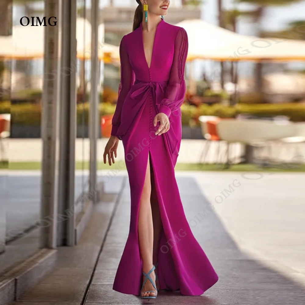 

OIMG Dark Purple Evening Dresses for Wedding Party Long Sleeves V-Neck Satin Arabic Mermaid Dubai Celebrity Formal Prom Gowns